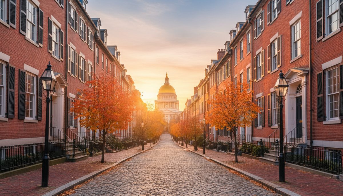 Beacon Hill brick row-houses at sunrise with a gold-domed building in the middle distance and gas lamps along a cobblestone street.